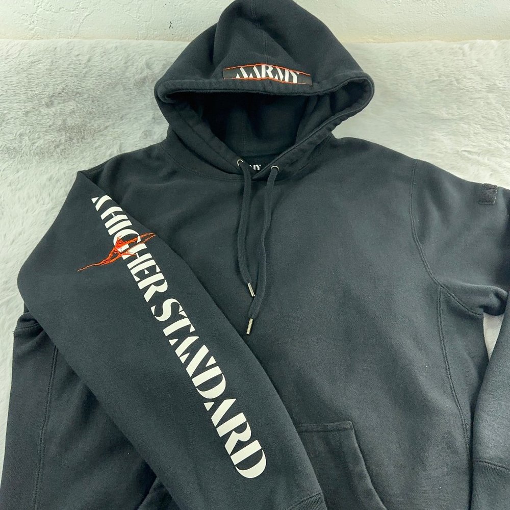 AARMY Hoodie Mens Large Black Spell Out Logo Front Pocket Hood Fish